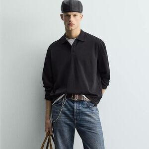 Zara Man Relaxed Fit Limited Edition Polo Shirt Size Large Long Sleeve Black